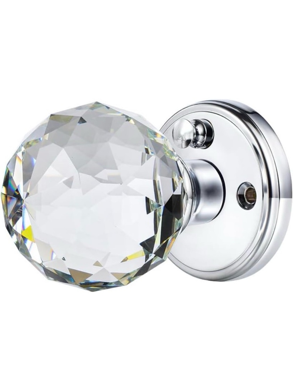Crystal Glass Door Knobs Interior w Lock, Round Privacy, Polished Chrome